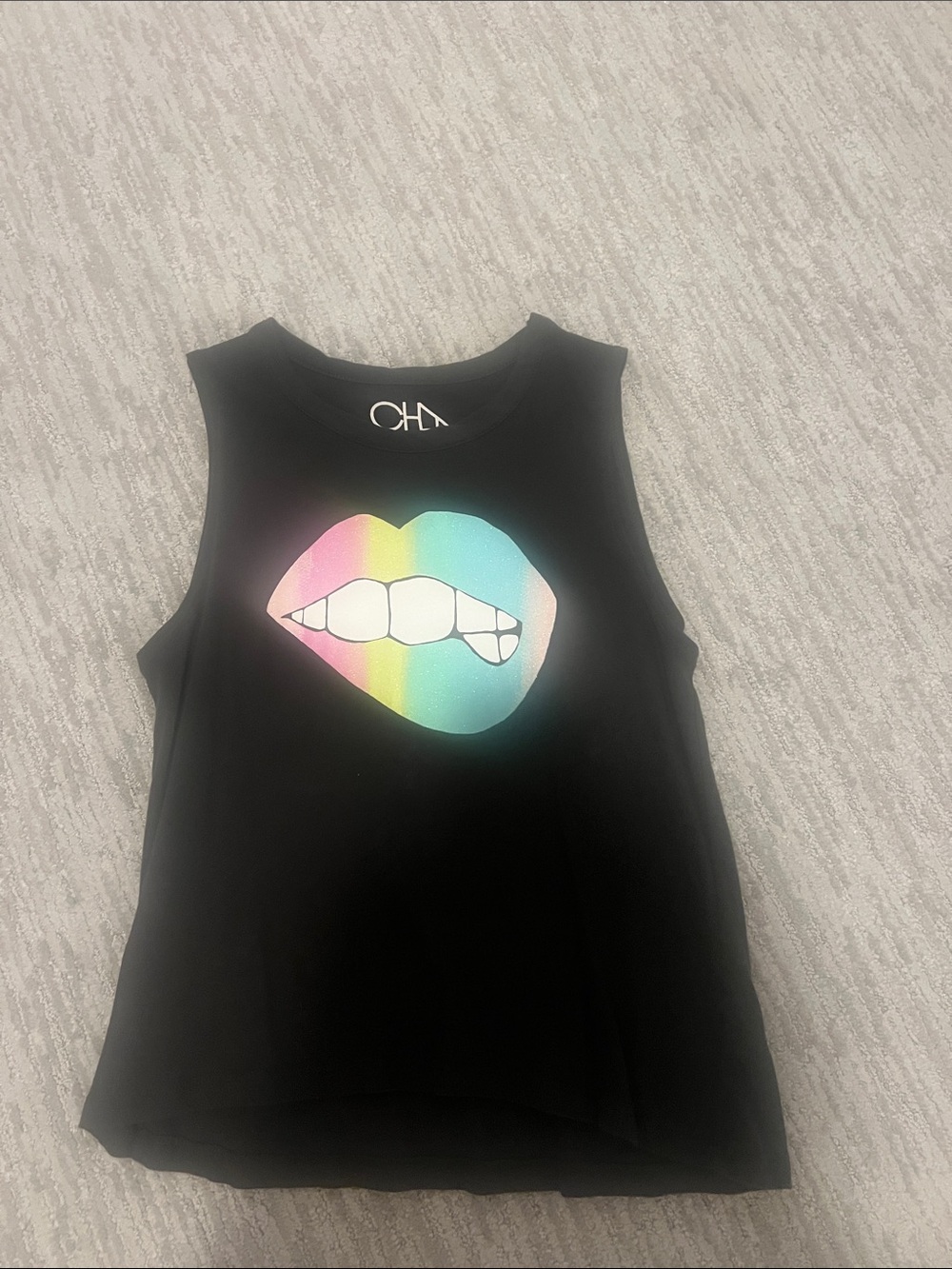 Chaser Black Muscle Tee with Rainbow Gradient Lip Graphic
